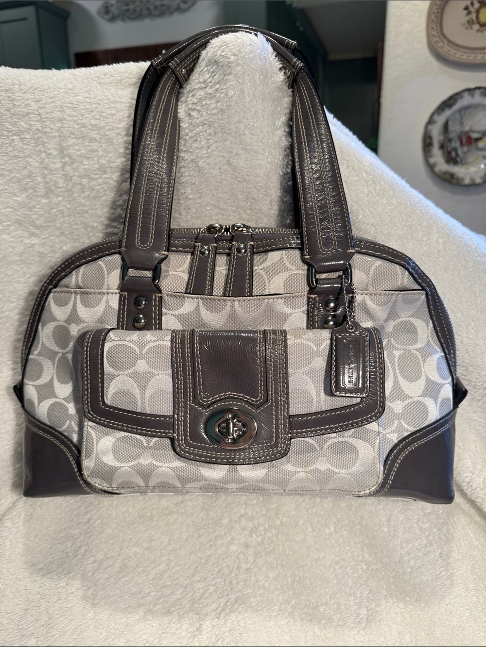 Coach Hampton Gray Signature Canvas Satchel with Dark gray Trim